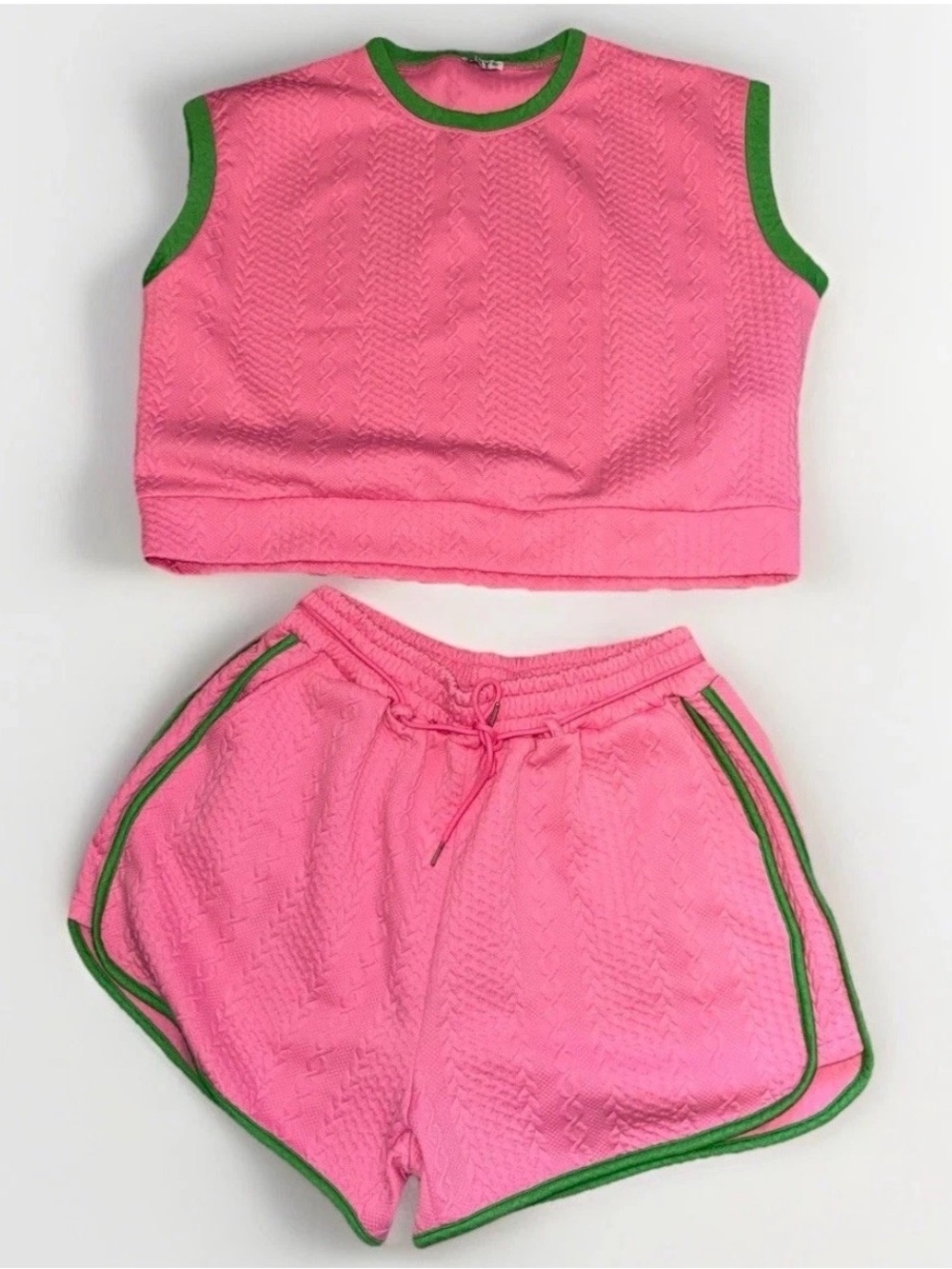 Pink Knit Crop Tank and Shorts Set with Green Trim - Women XL
